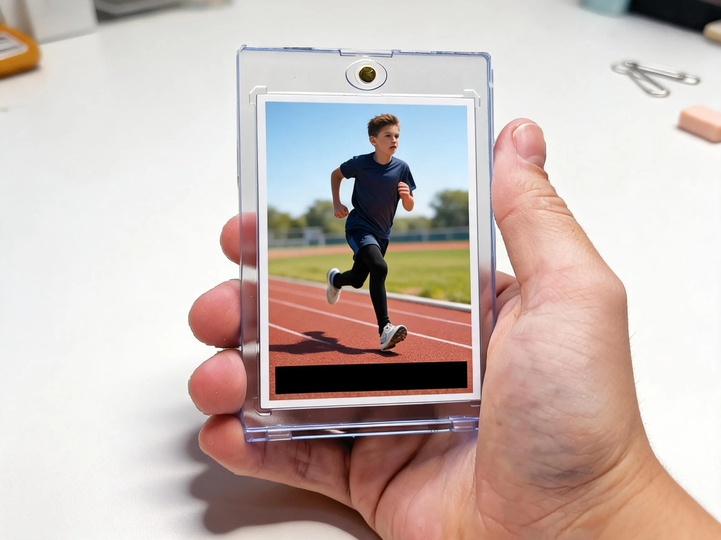 Custom keepsake trading card of a runner in a magnetic display case.