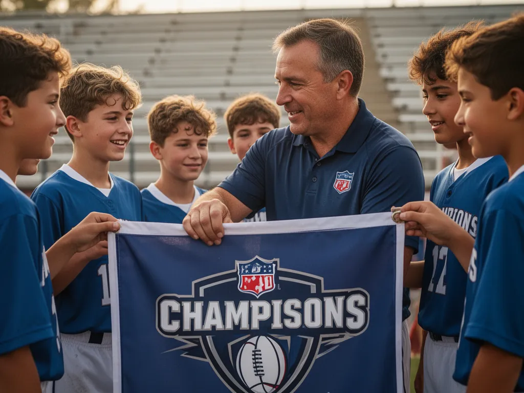 Coach presenting custom championship banner to young athletes displaying pride and emotion