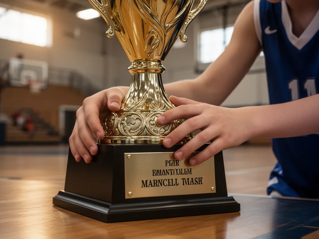 Young athlete's hands touching custom trophy base with engraved nameplate, proud moment