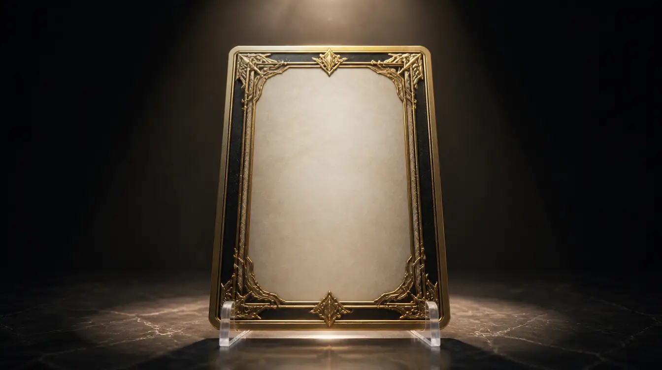 A blank premium collectible card standing in a display stand