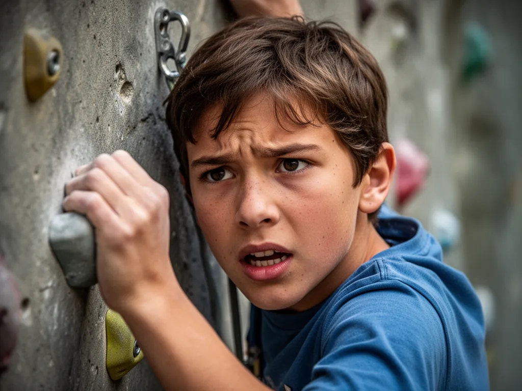 [Young climber concentrated expression while gripping colorful holds on indoor climbing wall]