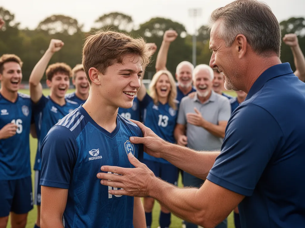Young athlete smiling while receiving recognition from coach with celebrating team members visible