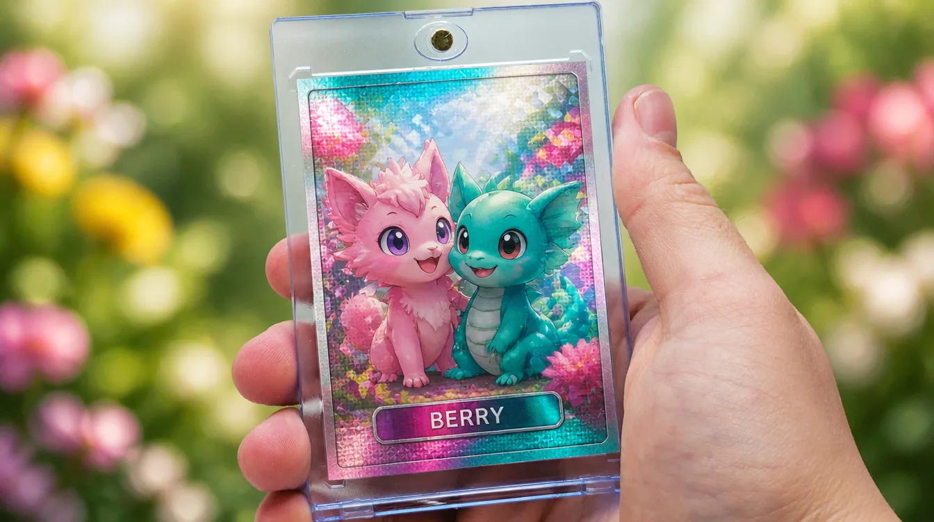 Custom couple creature card, a Pokemon-style design, in a magnetic display case