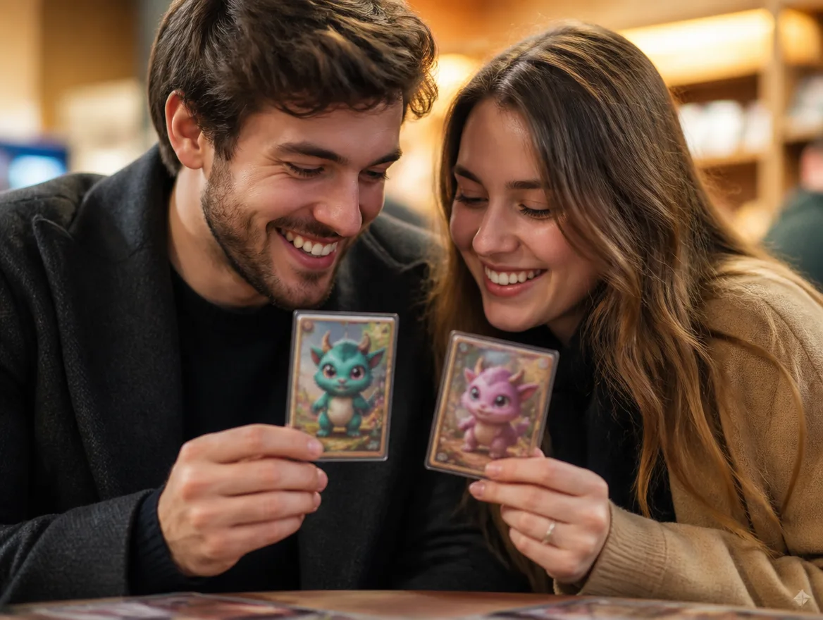 Couple holding two matching custom creature trading cards