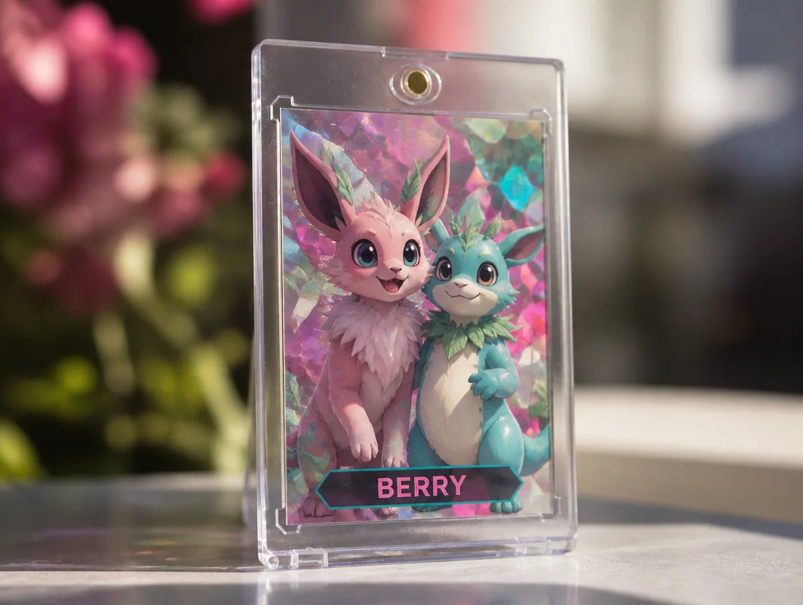 Custom matching creature trading card standing in a clear magnetic case