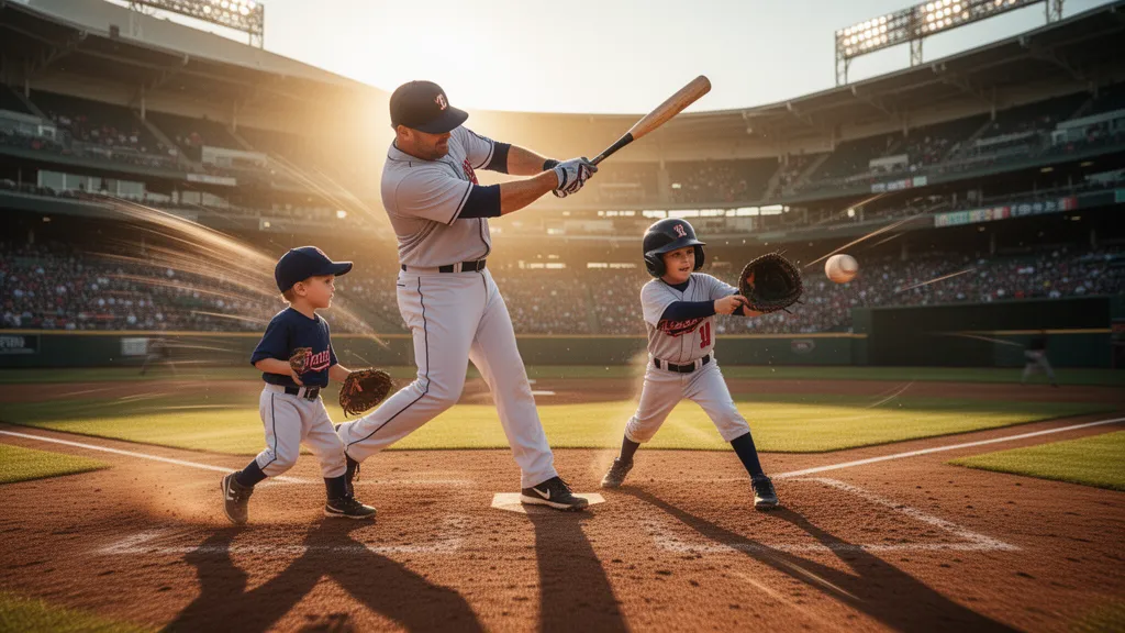 Father and son in baseball uniforms swinging bats together on a sunny baseball field