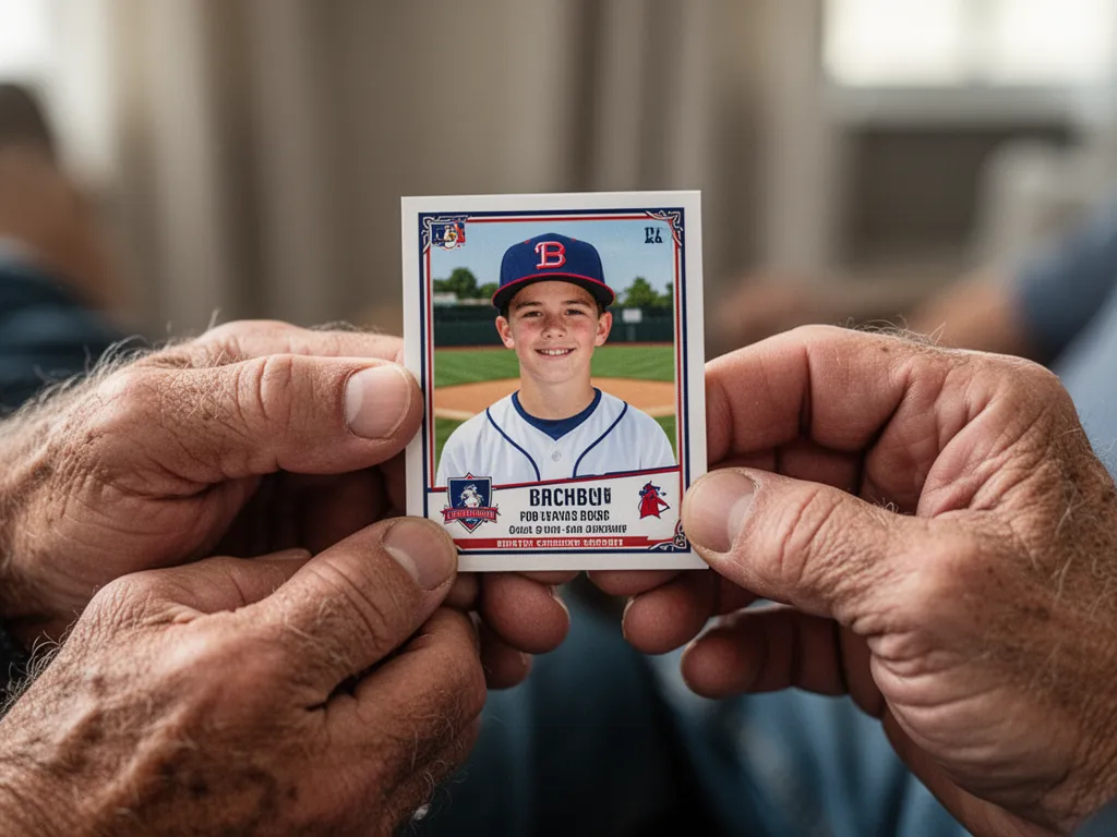 Father's hands holding a personalized baseball card with his son's portrait and stats