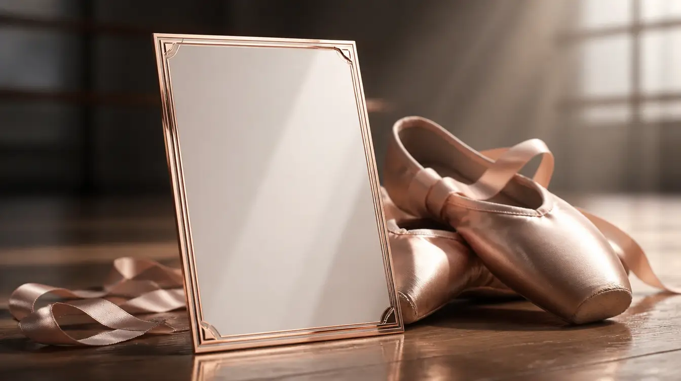A blank trading card with a rose-gold border on a dance studio floor beside pointe shoes
