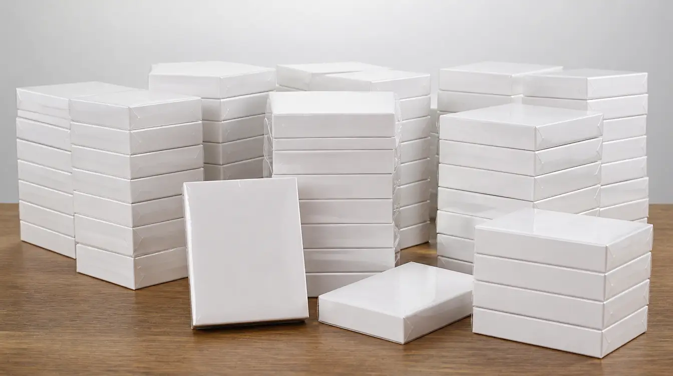 Boxes of blank playing card decks stacked in bulk on a table