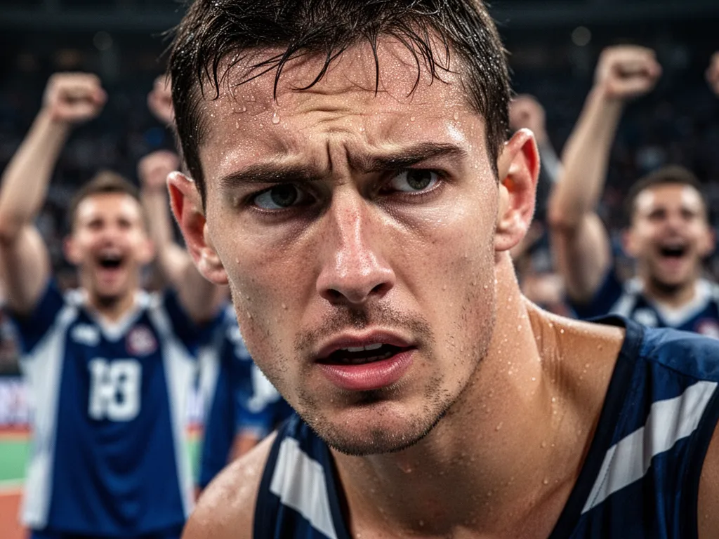 [Close-up of determined athlete's face showing intensity during competitive performance moment]