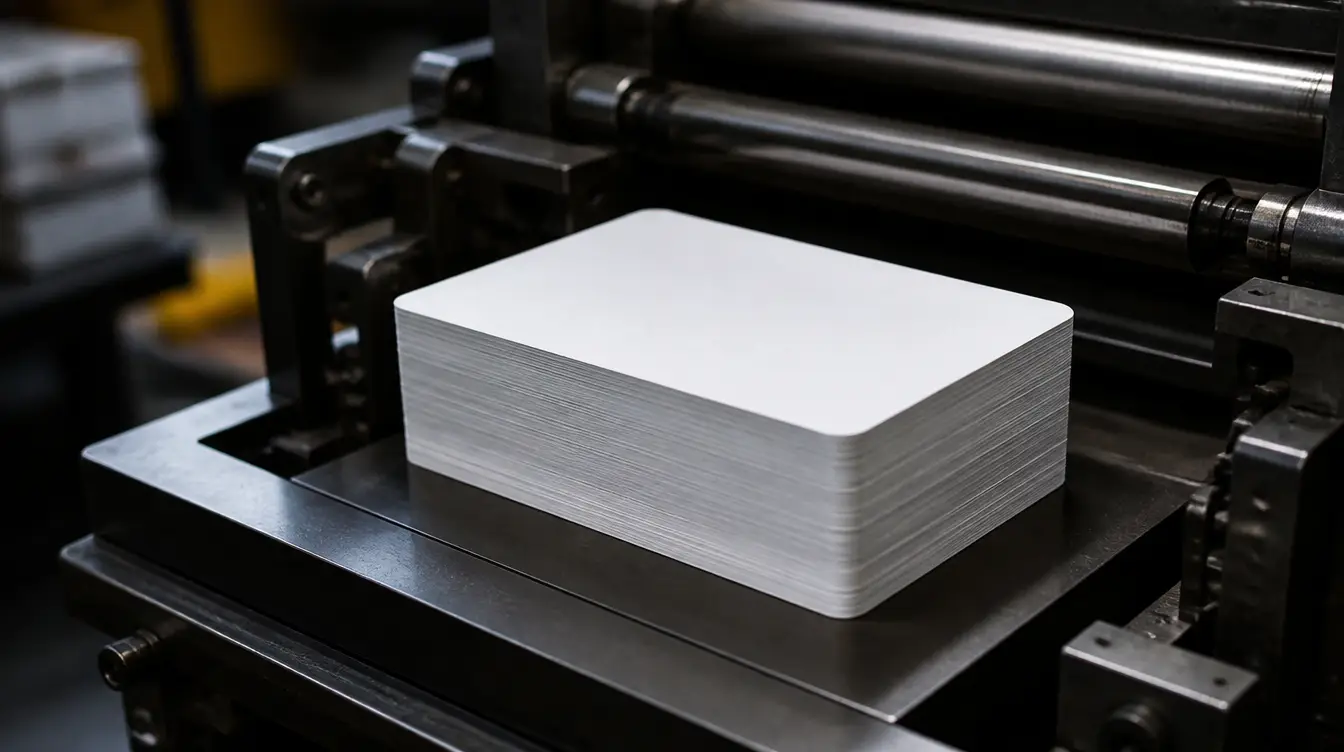 A stack of freshly printed blank playing cards on a printing press