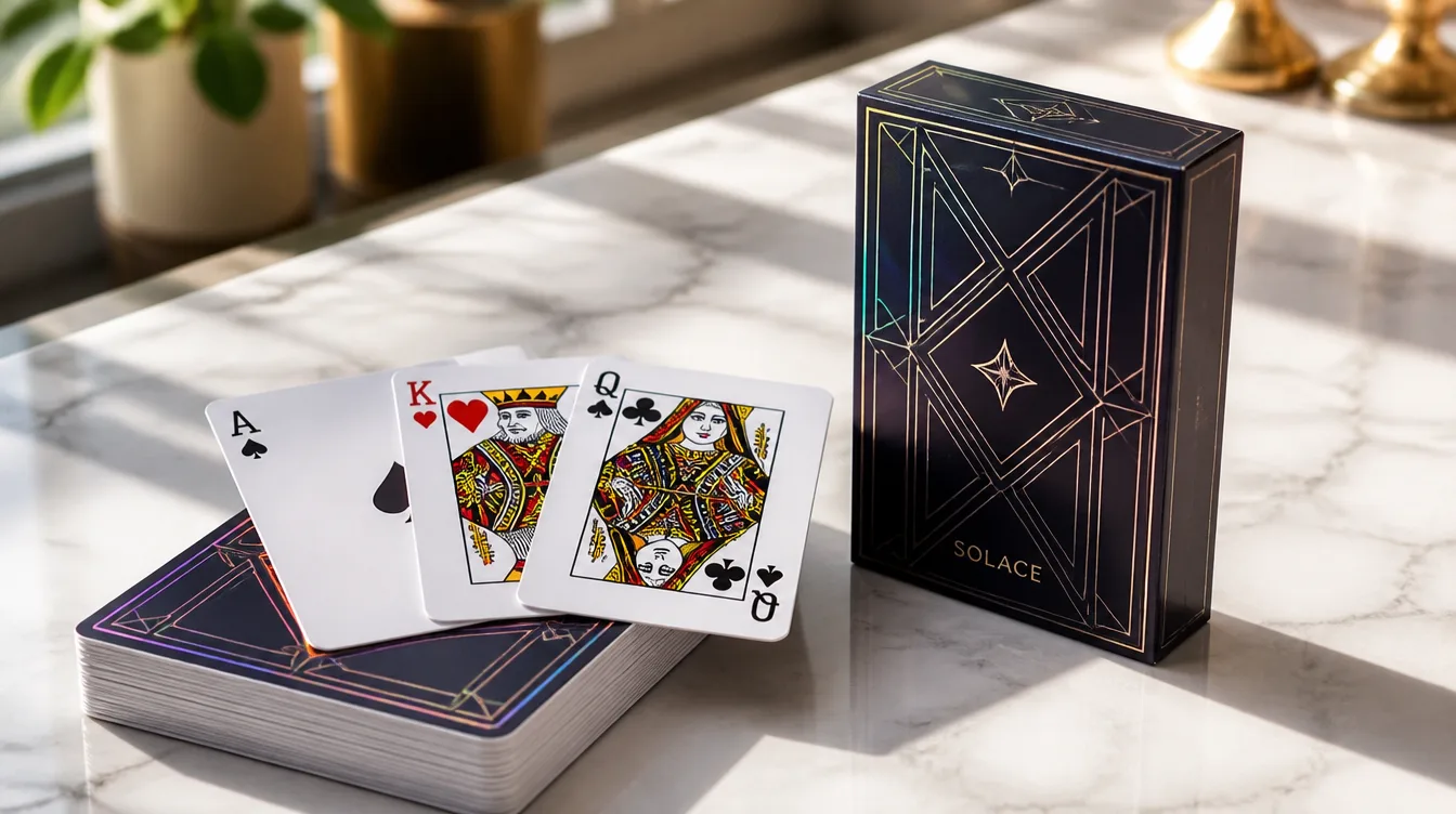 Custom deck of cards with a modern tuck box on a marble surface