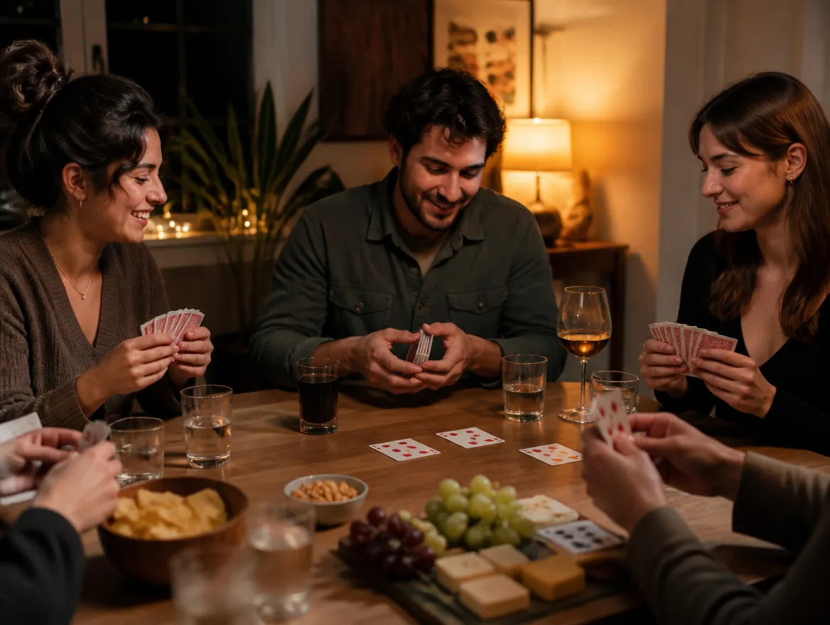 Friends playing cards on game night with a custom deck