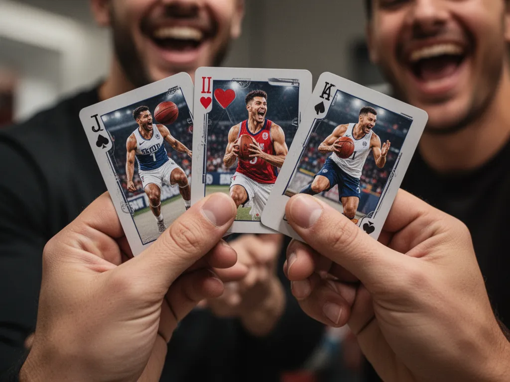 [Hands displaying custom sports cards with athletes smiling in celebration moment]