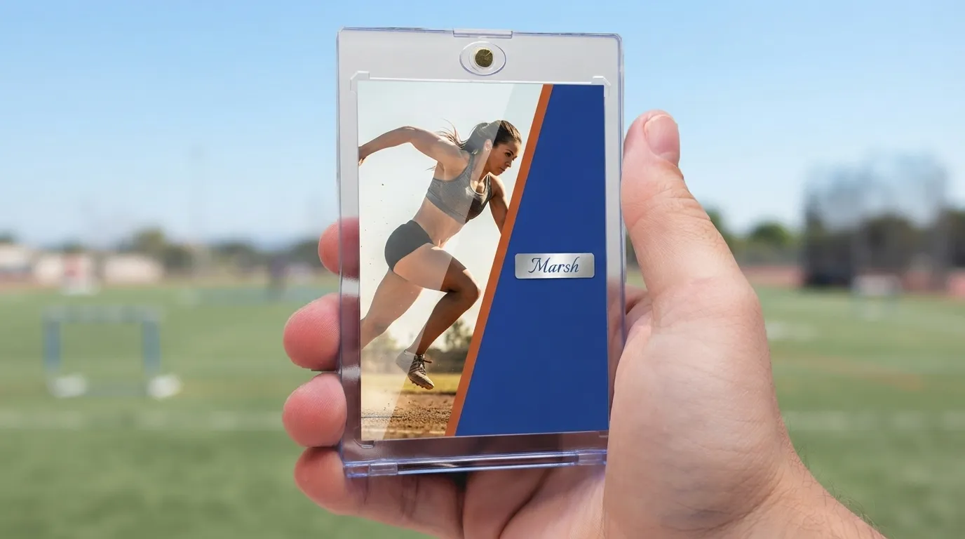 Hand holding magnetic case with split-layout dnd cards trading card of a sprinting athlete.
