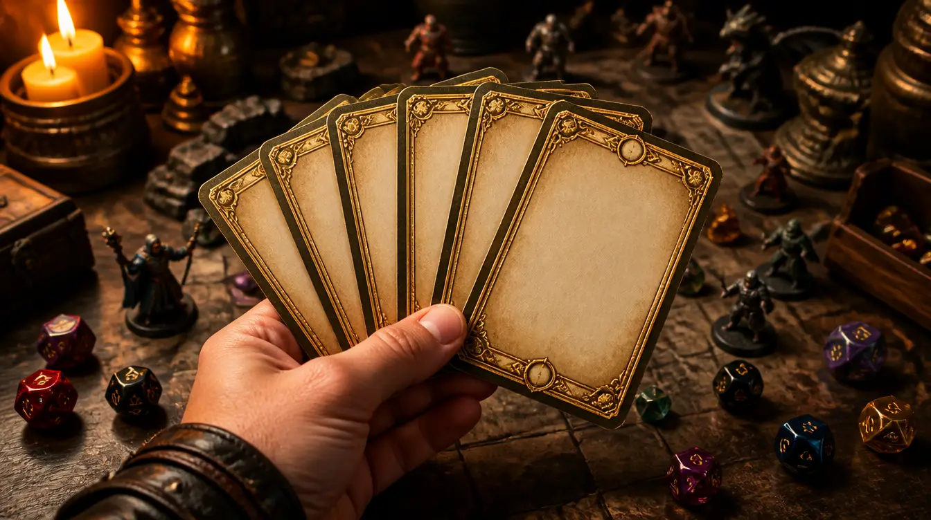 A fanned hand of blank fantasy trading cards with gold borders over a game table with dice and miniatures