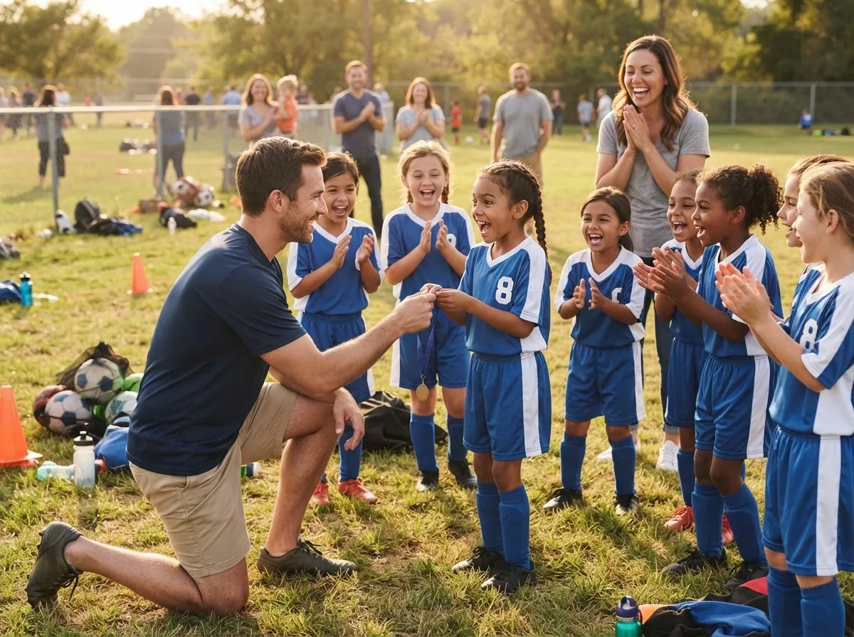 Coach and beaming young athlete share a proud team celebration moment on the field.