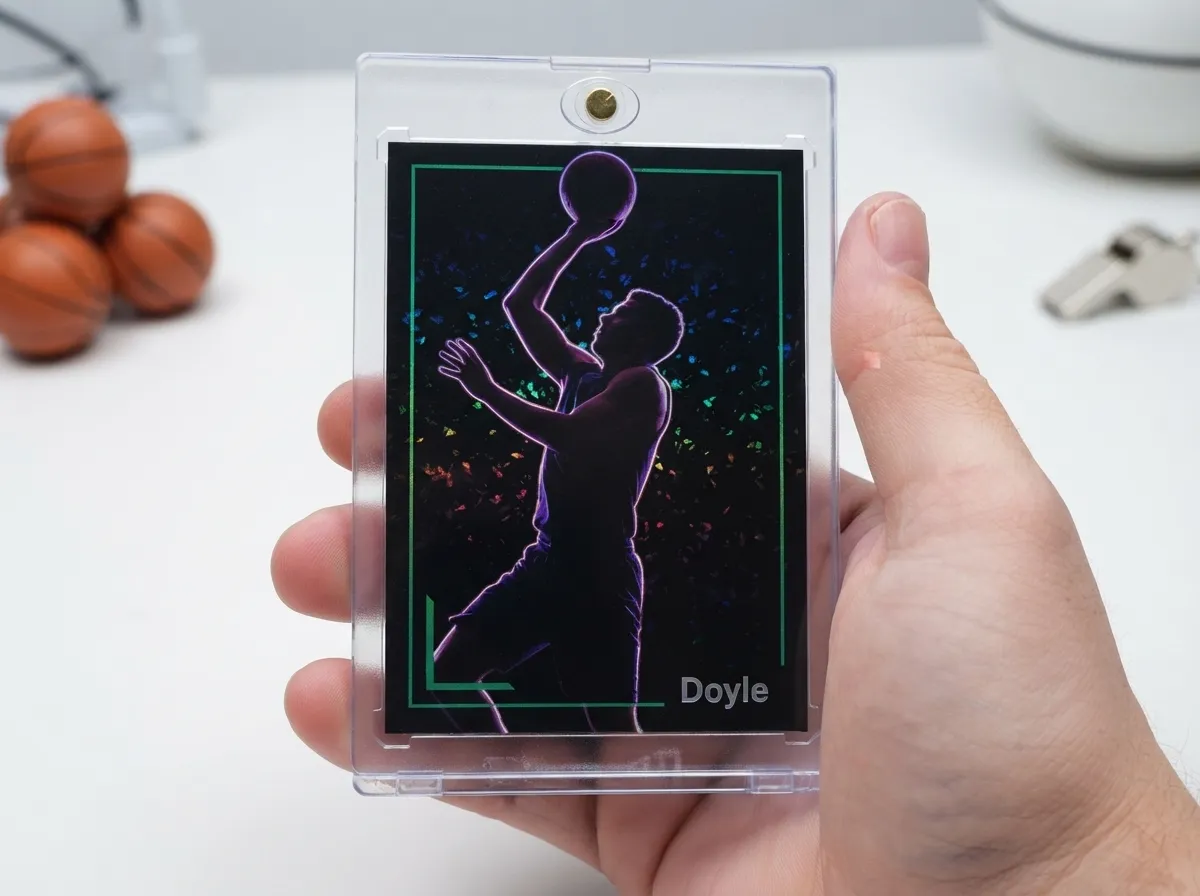 Magnetic case holding a neon-rimmed after-dark dnd cards basketball trading card on white tabletop.