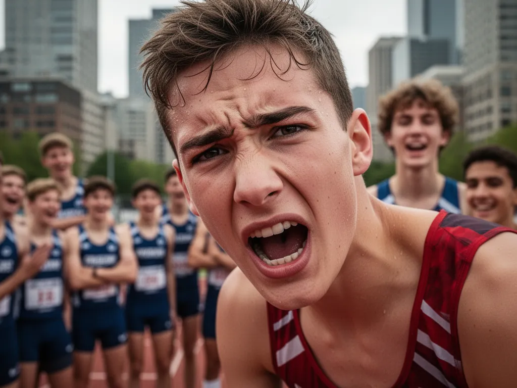Young athlete's determined expression during competition with supportive teammates blurred in background