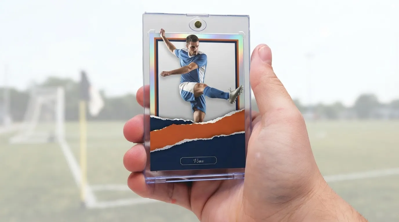 Hand holds custom fc mobile card maker soccer card in magnetic case, striker mid-kick design.