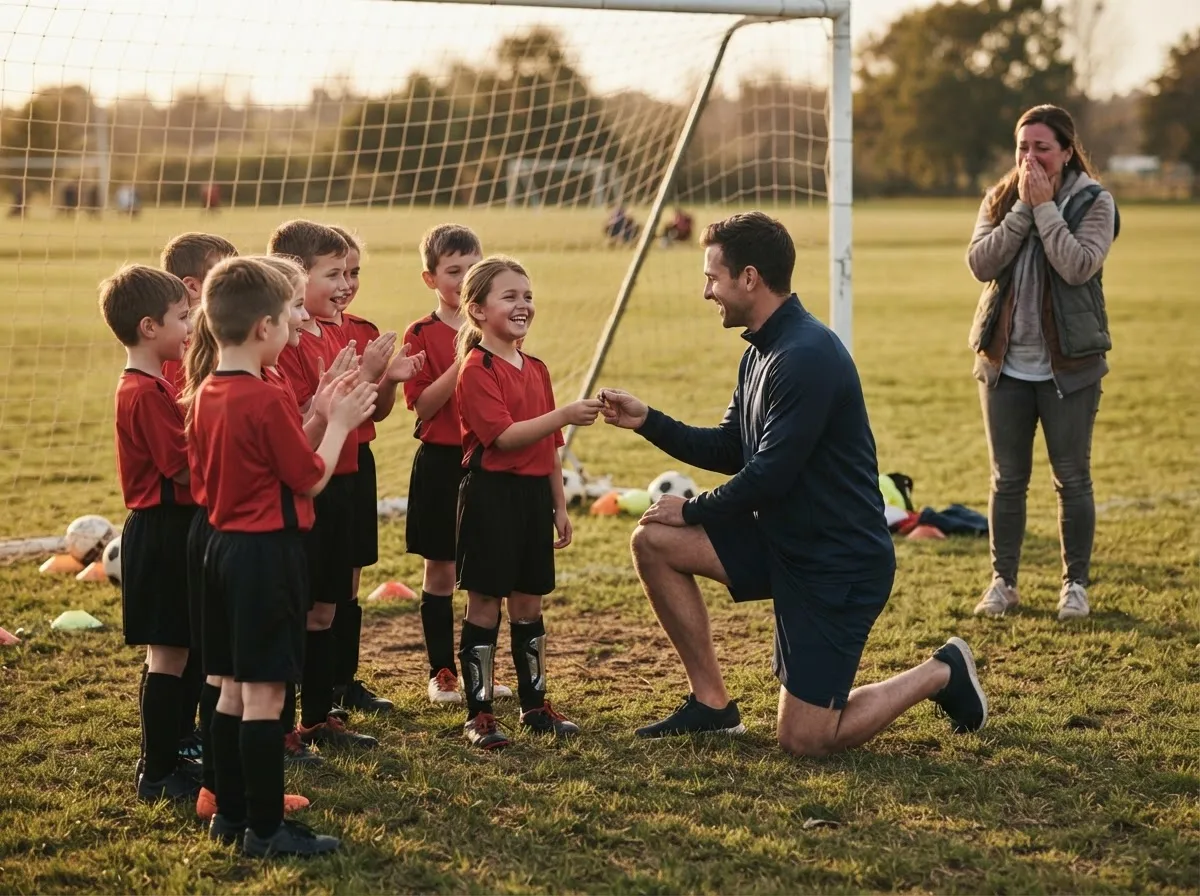 Coach and teammates celebrate with young soccer player near goal after practice.