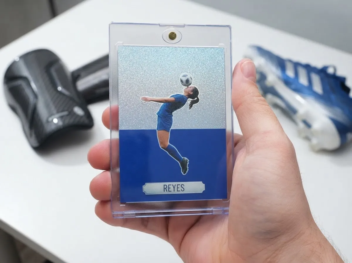 Custom soccer trading card in magnetic case showing frozen header pose in silver-blue refractor.