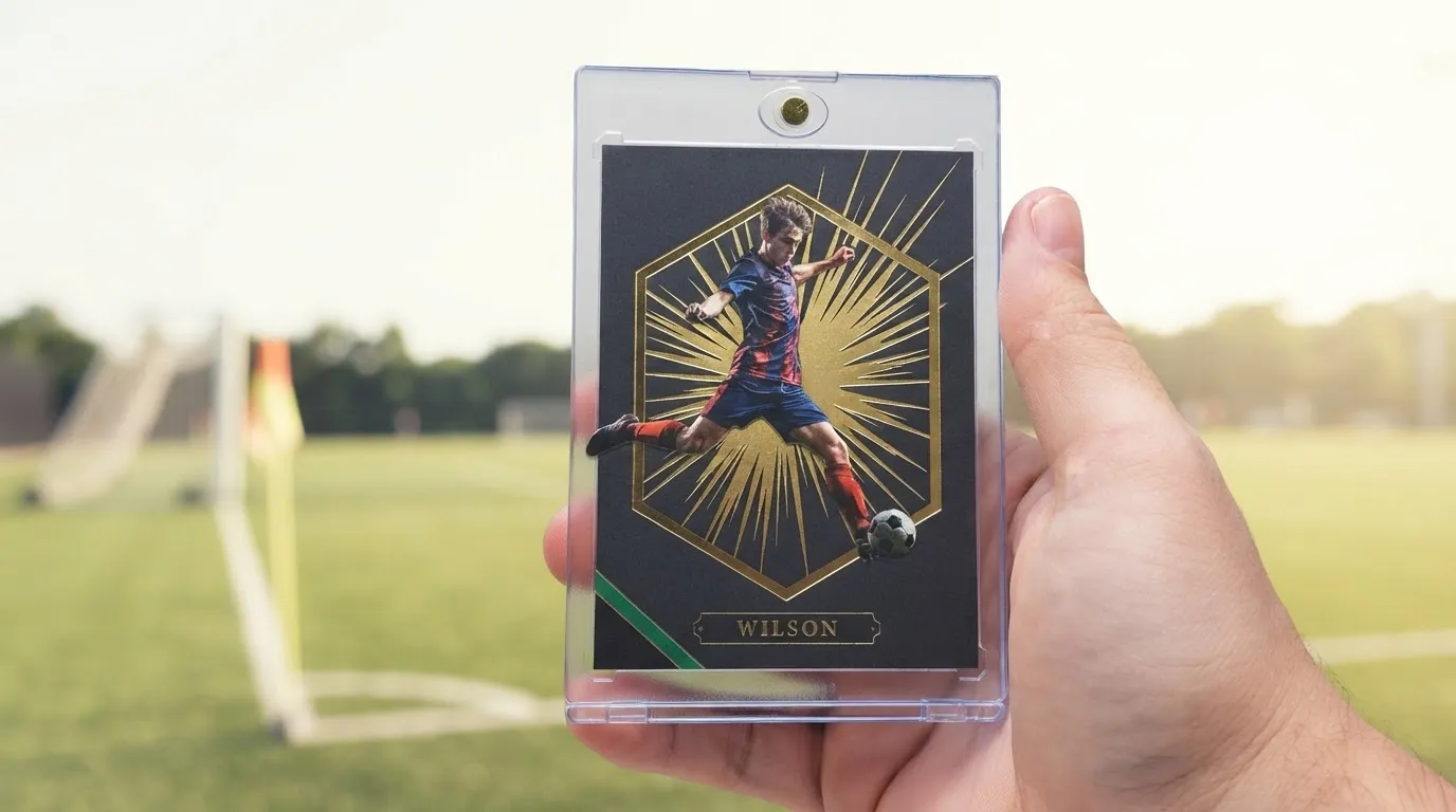 Hand holding magnetic case with custom fifa card creator design, gold foil burst frame, soccer pitch background.