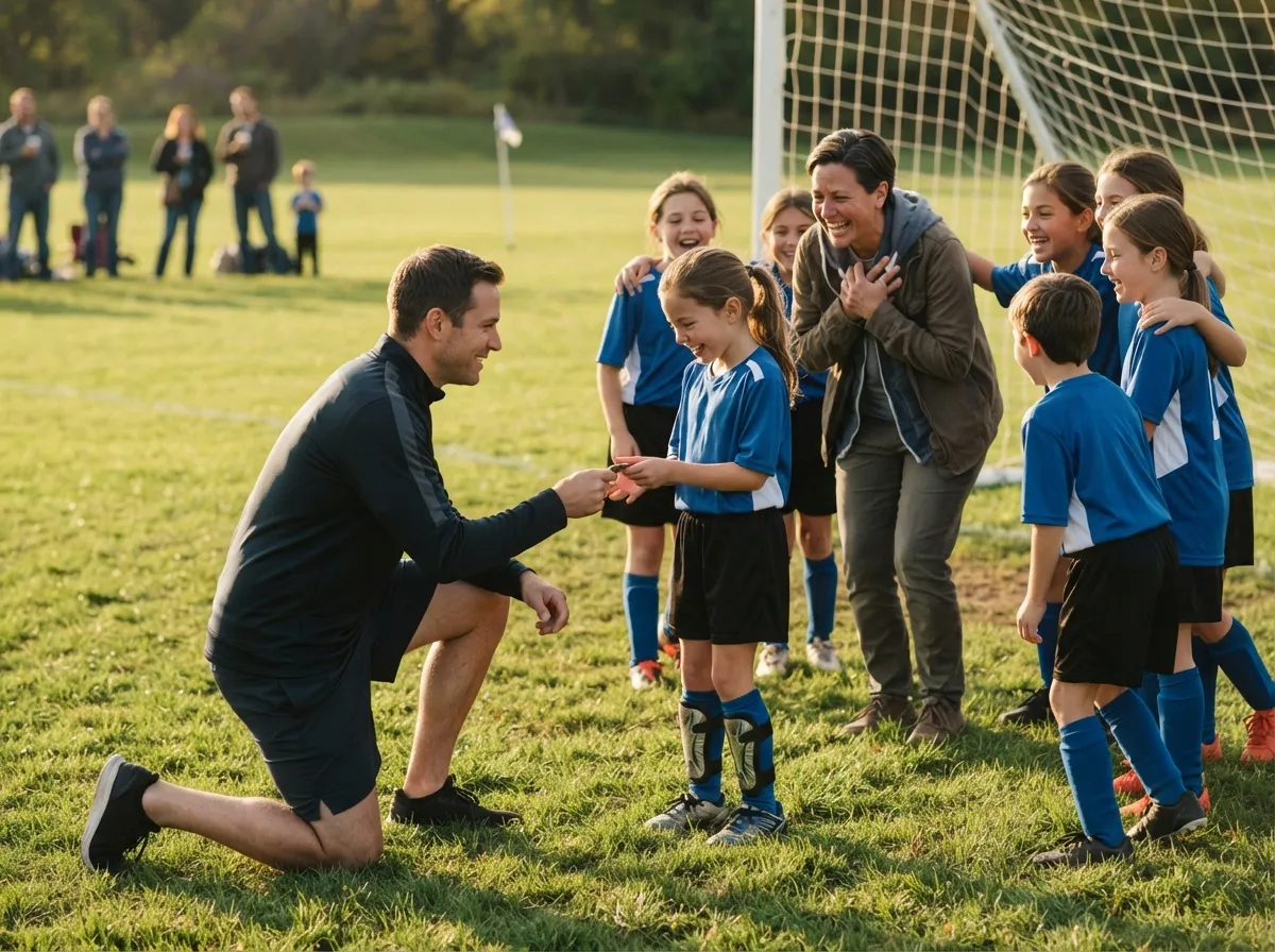 Coach and young soccer player share proud emotional moment on sunny pitch near goal.