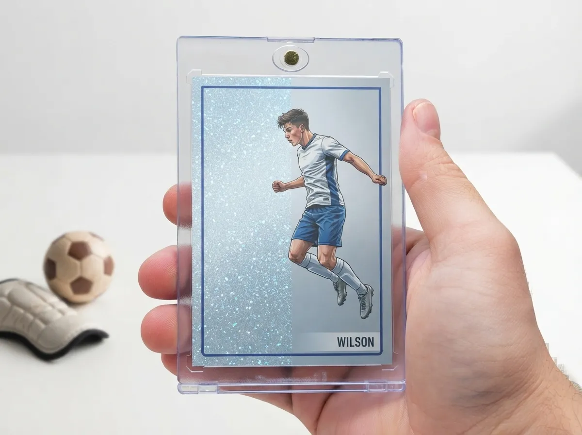 Hand displaying custom soccer trading card in clear magnetic case, icy silver-blue refractor design.