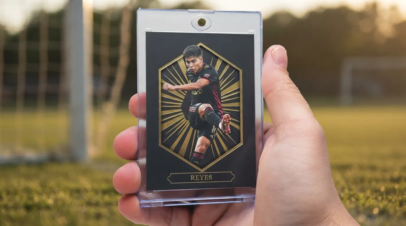 Hand holding magnetic case with custom fifa card maker design, gold foil burst frame, soccer pitch background.