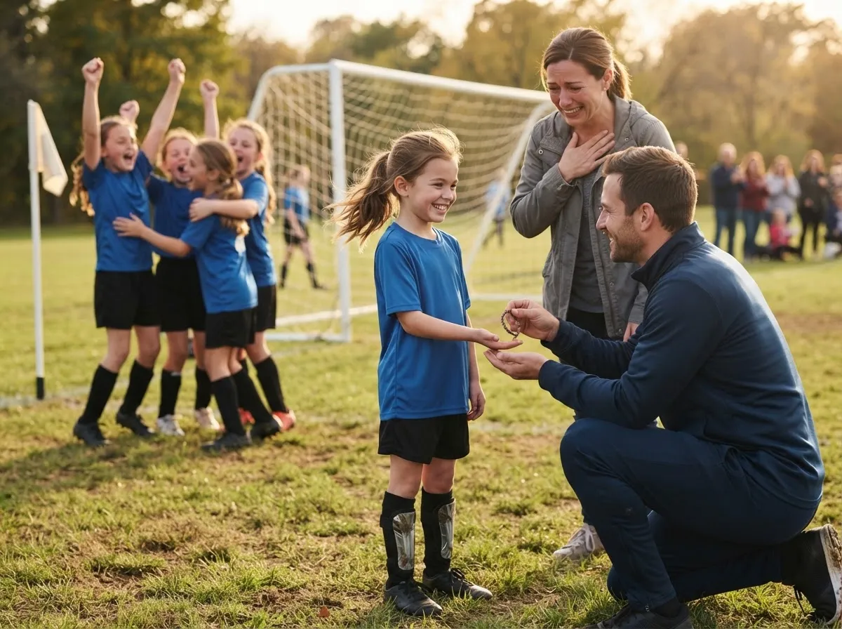 Coach and proud parent celebrate with young soccer player on sunlit field after game.