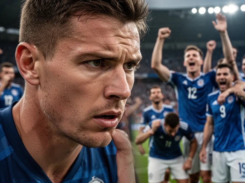 [Athlete's focused expression with teammates celebrating in background during competition]