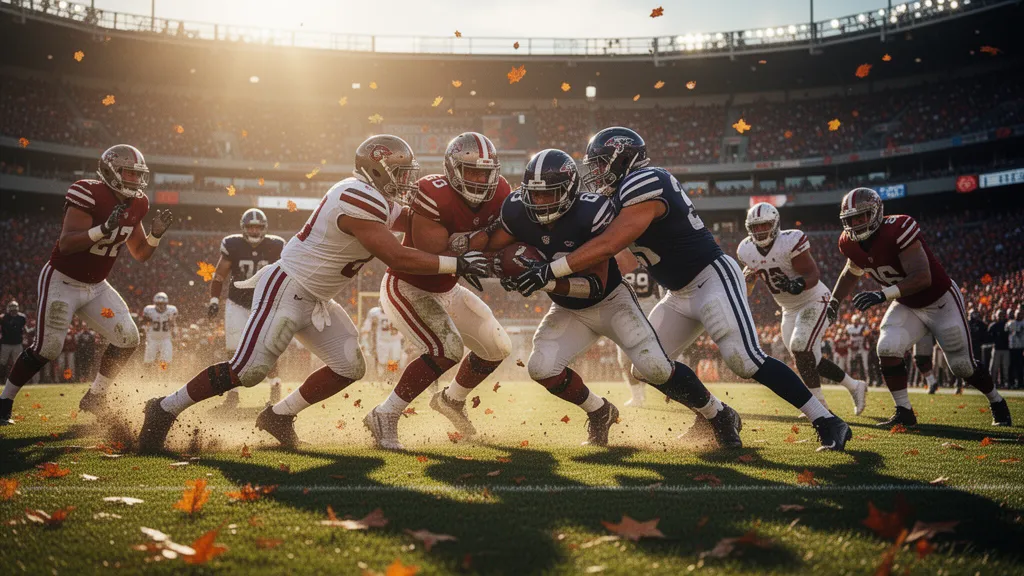 Football players in action during an intense game with dramatic natural lighting and motion blur