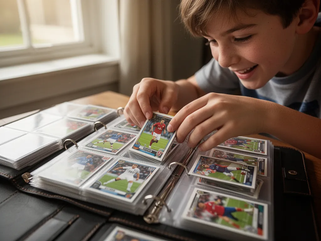 Young collector carefully placing football trading cards into a custom binder with focused concentration