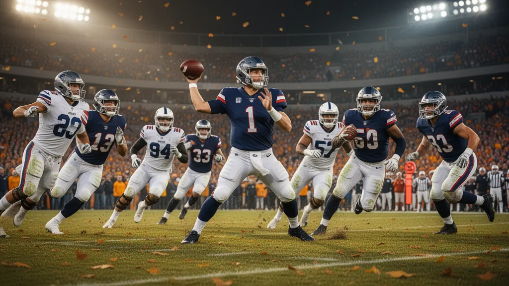 Football players in action during game with quarterback throwing and receivers running routes downfield