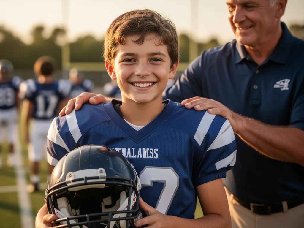 Young football player smiling while holding helmet with coach's supportive hand on shoulder