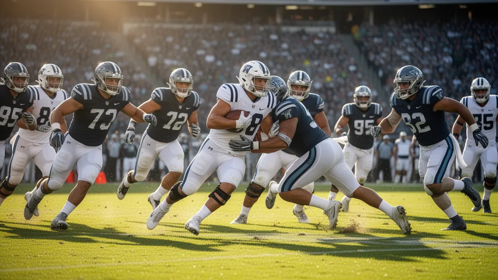 Football players in action during an intense outdoor game with natural lighting and motion