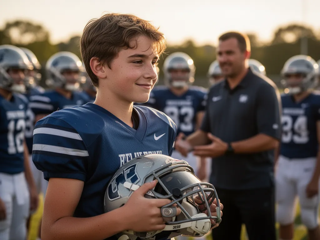 Young football player holding helmet with coaches and teammates visible in soft background light