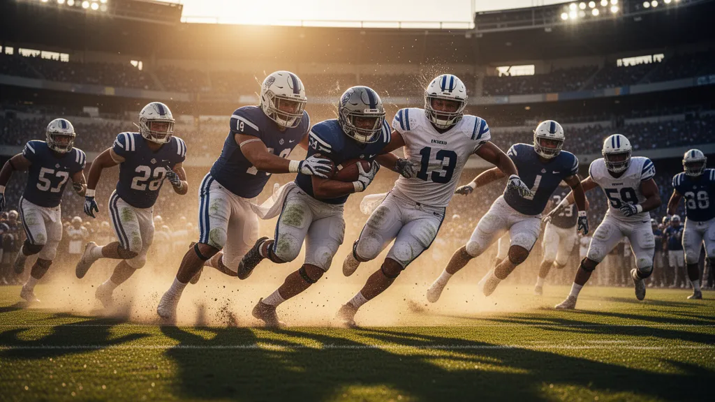 Football players in motion during dynamic game action with natural outdoor lighting and movement