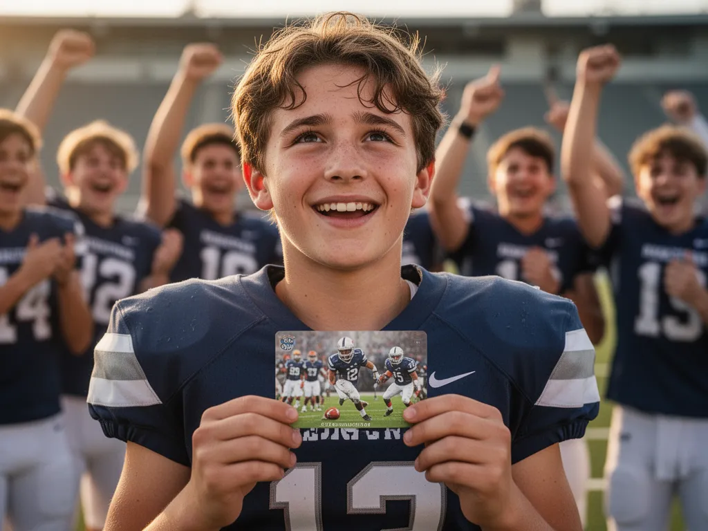 Young football player admiring custom card with joyful expression and celebrating teammates behind