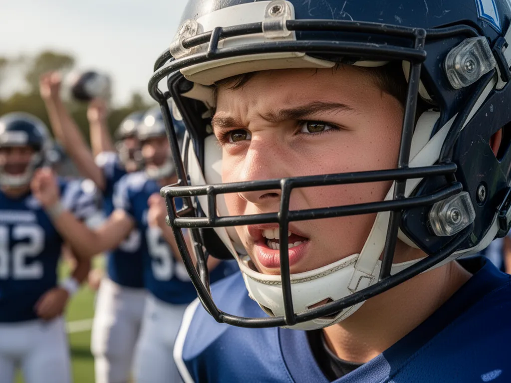 Youth football player holding his custom Snapshot trading card at end-of-season banquet
