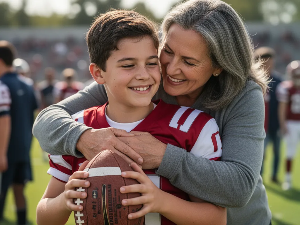 Young football player and parent share emotional embrace celebrating game moment together