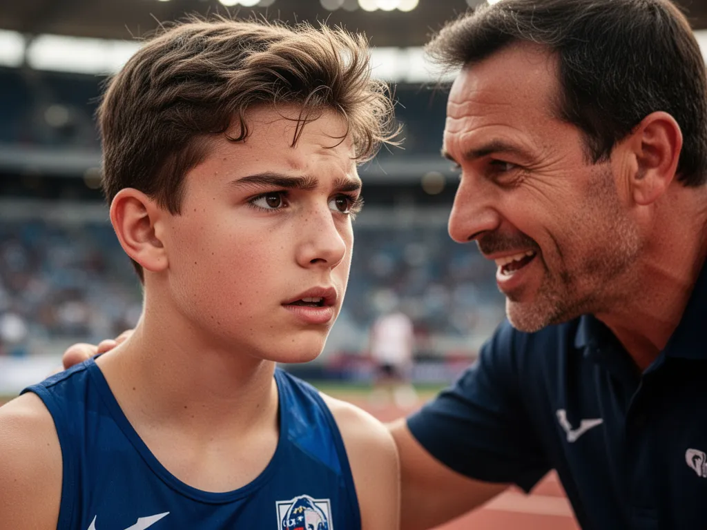 [Young athlete with concentrated expression receiving coaching guidance during competition moment]