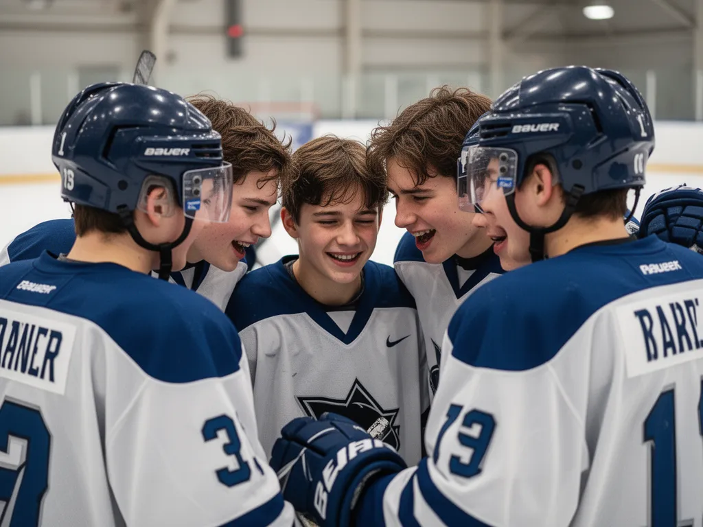 Young hockey teammates celebrating together showing emotional connection and sportsmanship bonds