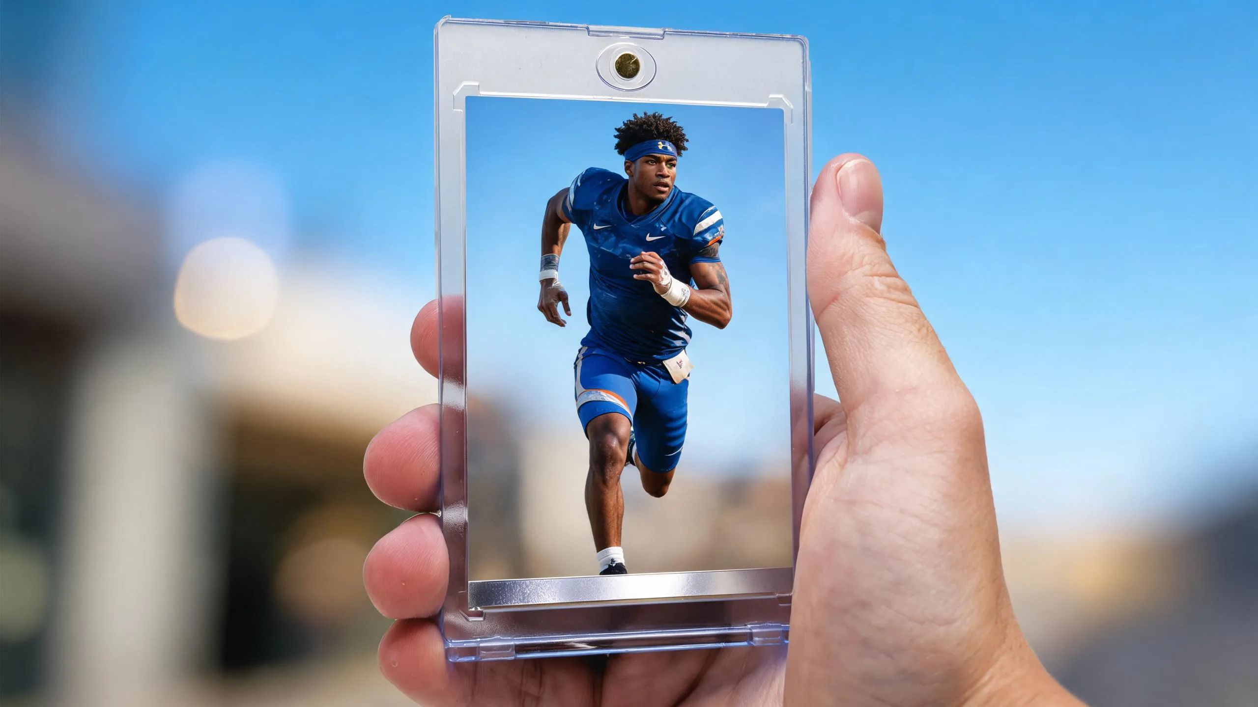Hand holding a custom graded card slab with a chrome-finish athlete card in magnetic case.