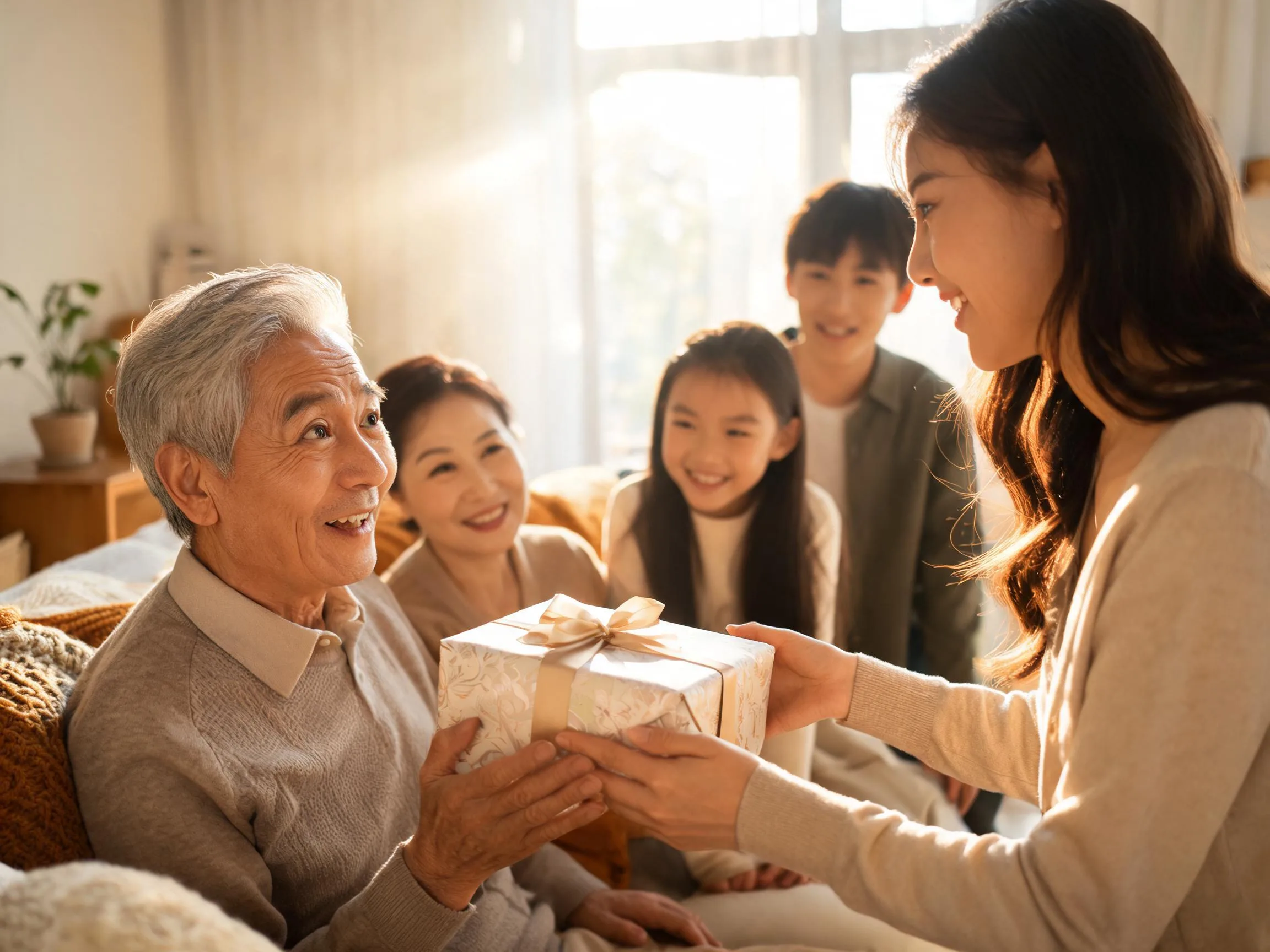Family member reacting with genuine surprise while receiving an unexpected wrapped gift indoors.