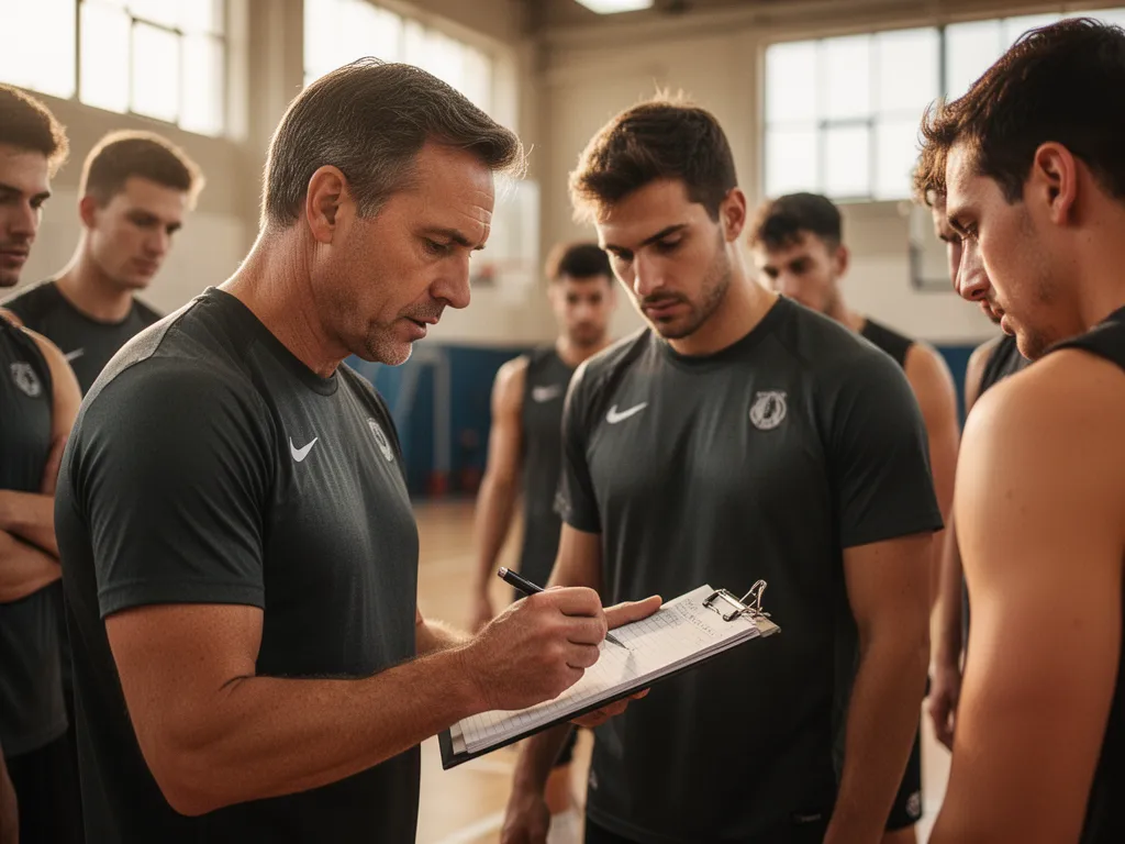 Coach instructing athletes indoors with genuine concentration and mentorship moment displayed