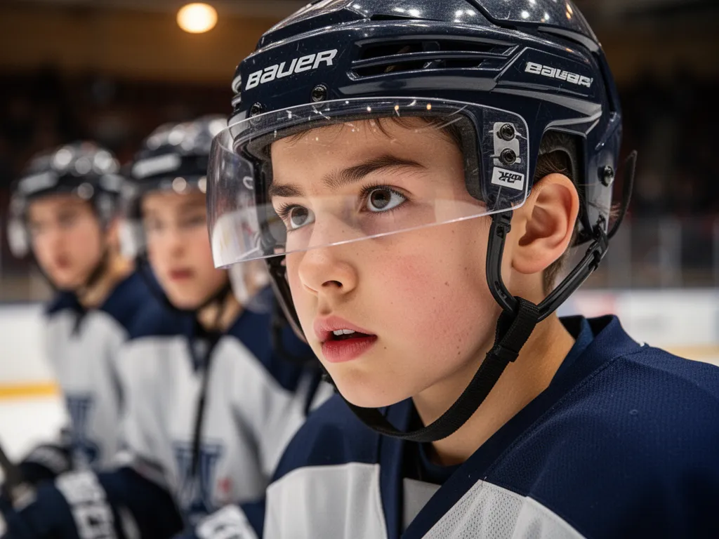 Young hockey player wearing helmet showing focused expression during competitive game moment