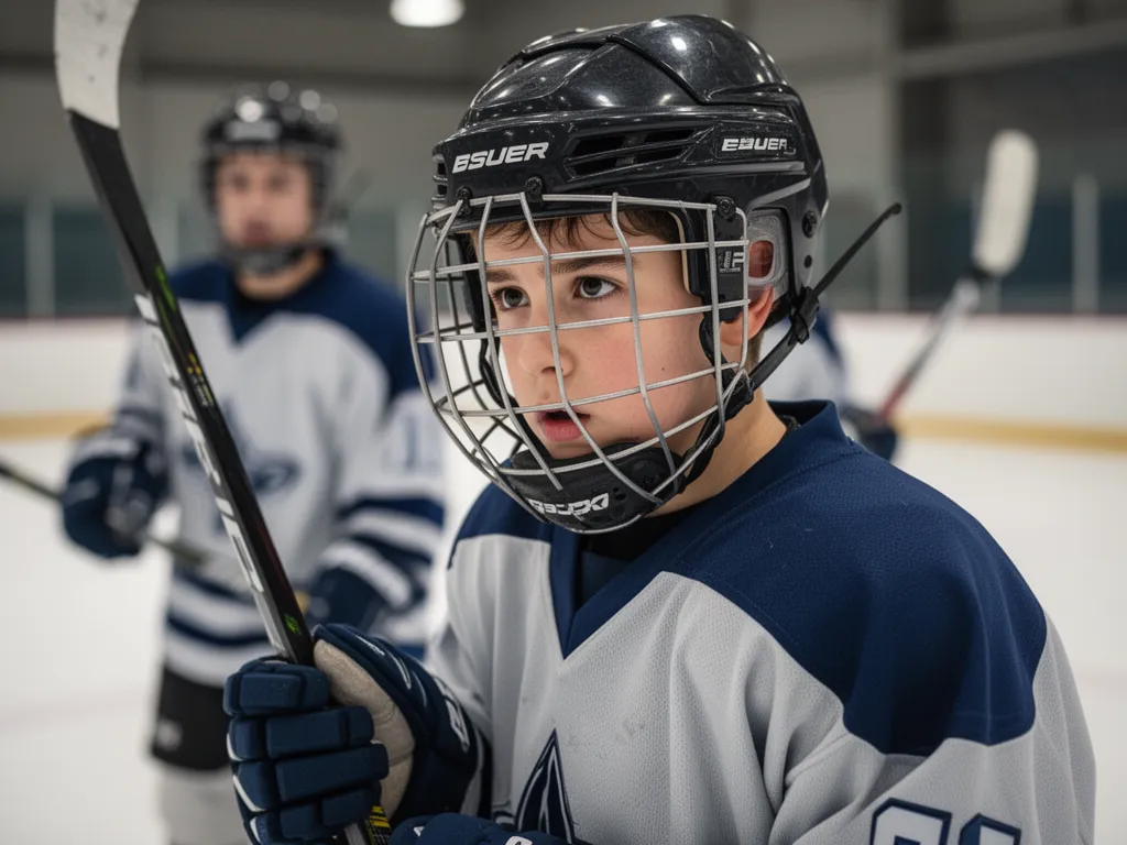 Young hockey player in gear with focused expression holding stick in rink