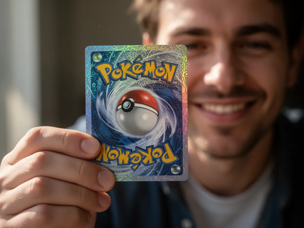 [Collector admiringly holds custom holographic card displaying iridescent foil and prismatic details]